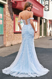 Blue Mermaid Off the Shoulder Sequin Floral Corset Prom Dress