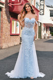 Blue Mermaid Off the Shoulder Sequin Floral Corset Prom Dress