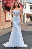 Mermaid Applique Off the Shoulder Corset Blue Prom Dress