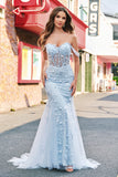 Mermaid Applique Off the Shoulder Corset Blue Prom Dress