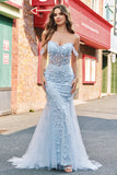 Mermaid Applique Off the Shoulder Corset Blue Prom Dress