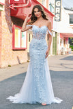 Mermaid Applique Off the Shoulder Corset Blue Prom Dress