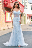 Mermaid Applique Off the Shoulder Corset Blue Prom Dress