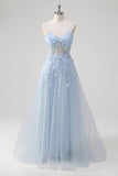 Blue A Line Spaghetti Straps Appliqued Corset Long Prom Dress With Tulle