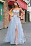 Blue A Line Spaghetti Straps Appliqued Corset Long Prom Dress With Tulle