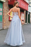 A Line Tulle Spaghetti Straps Corset Applique Blue Prom Dress with Slit