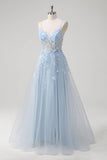 Blue A Line Spaghetti Straps Appliqued Corset Long Prom Dress With Tulle