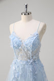 Blue A Line Spaghetti Straps Appliqued Corset Long Prom Dress With Tulle