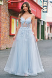 A Line Tulle Spaghetti Straps Corset Applique Blue Prom Dress with Slit