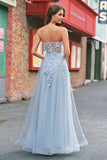 A Line Tulle Spaghetti Straps Corset Applique Blue Prom Dress with Slit