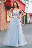 A Line Tulle Spaghetti Straps Corset Applique Blue Prom Dress with Slit