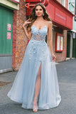 A Line Tulle Spaghetti Straps Corset Applique Blue Prom Dress with Slit