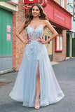 A Line Tulle Spaghetti Straps Corset Applique Blue Prom Dress with Slit