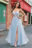 A Line Tulle Spaghetti Straps Corset Applique Blue Prom Dress with Slit