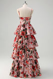 A Line Tiered Grey Pink Spaghetti Straps Floral Long Prom Dress