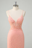 Orange Mermaid Spaghetti Straps Corset Sequined Prom Dress