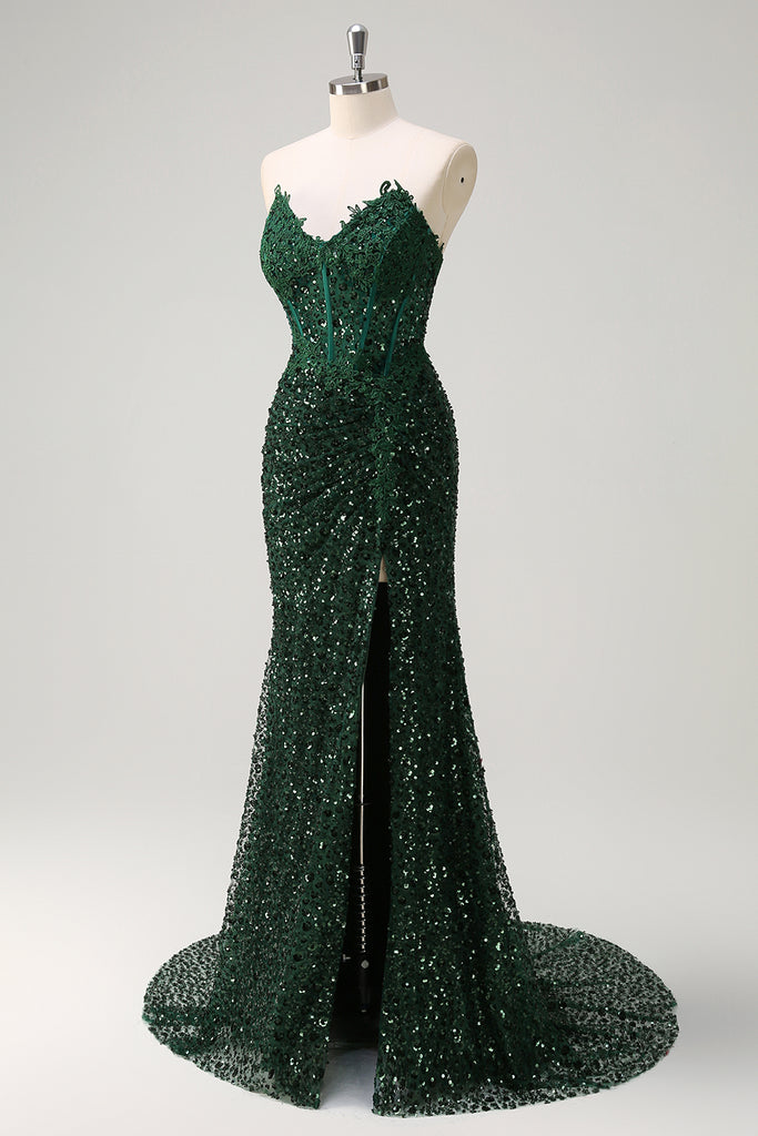Sparkly Dark Green Mermaid Sequin Pleated Corset Long Ball Dress with Slit main image 1