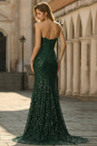 Sparkly Mermaid Sweetheart Dark Green Corset Sequins Lace Prom Dress with Slit
