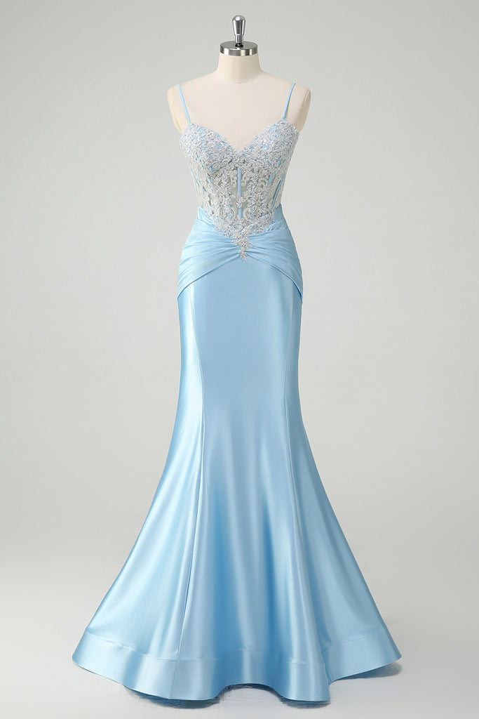 Mermaid Ruffle Tiered Tulle V-Neck Corset Floor-Length Prom Dresses with Appliques