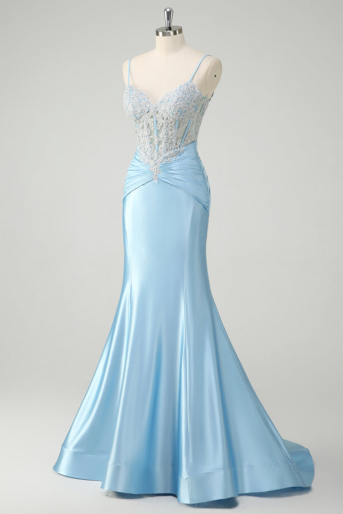 V-neck  Appliqued Spaghetti Straps Mermaid Prom Dress Ink Blue