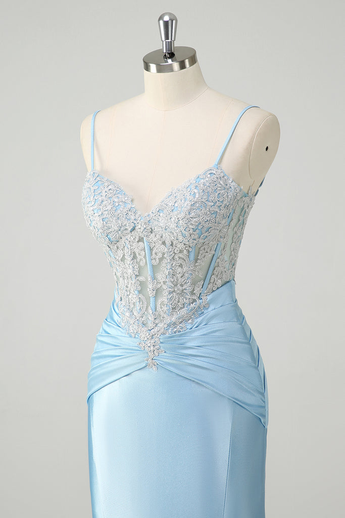 Blue Mermaid Spaghetti Straps Appliqued Long Prom Dress with Slit main image 1