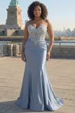 Grey Blue Mermaid Corset Spaghetti Straps Plus Size Prom Dress with Lace Appliques