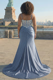 Grey Blue Mermaid Corset Spaghetti Straps Plus Size Prom Dress with Lace Appliques