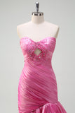 Sparkly Fuchsia Mermaid Strapless Beaded Ruched Ruffles Long Prom Dress with Slit