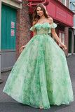 Green A Line Off The Shoulder Corset Ruffled Print Long Prom Dress with Slit