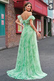 Green A Line Off The Shoulder Corset Ruffled Print Long Prom Dress with Slit