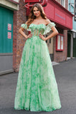 Floral A Line Off The Shoulder Corset Long Green Prom Dress