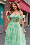 Floral A Line Off The Shoulder Corset Long Green Prom Dress