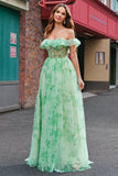 Floral A Line Off The Shoulder Corset Long Green Prom Dress