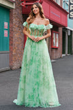 Floral A Line Off The Shoulder Corset Long Green Prom Dress