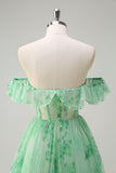 Green A Line Off The Shoulder Corset Ruffled Print Long Prom Dress with Slit