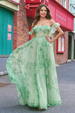 Green A Line Off The Shoulder Corset Ruffled Print Long Prom Dress with Slit