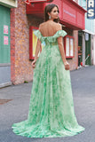 Green A Line Off The Shoulder Corset Ruffled Print Long Prom Dress with Slit