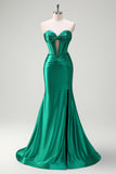 Sparkly Dark Green Mermaid Strapless Beaded Corset Ruched Satin Prom Dress with Slit