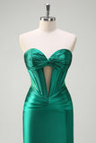 Sparkly Dark Green Mermaid Strapless Beaded Corset Ruched Satin Prom Dress with Slit