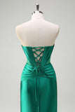 Sparkly Dark Green Mermaid Strapless Beaded Corset Ruched Satin Prom Dress with Slit