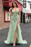 Mermaid Green Corset Spaghetti Straps Long Prom Dress with 3D Flowers