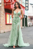 Green Mermaid Spaghetti Straps 3D Flowers Long Prom Dress with Slit