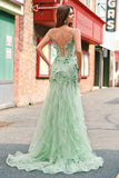 Green Mermaid Spaghetti Straps 3D Flowers Long Prom Dress with Slit