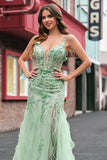 Mermaid Green Corset Spaghetti Straps Long Prom Dress with 3D Flowers