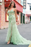 Mermaid Green Corset Spaghetti Straps Long Prom Dress with 3D Flowers