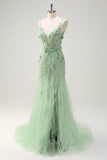 Green Mermaid Spaghetti Straps 3D Flowers Long Prom Dress with Slit