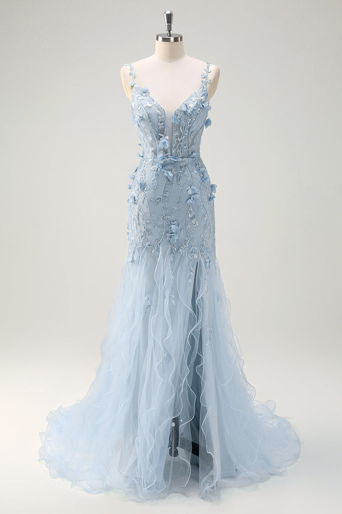 Elegant Spaghetti Strap Beaded Cutout 3D Floral Chiffon Mermaid Evening Dress main image 0