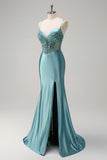 Sparkly Grey Green Mermaid Spaghetti Straps Corset Long Prom Dress with Slit