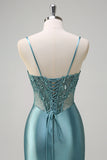 Sparkly Grey Green Mermaid Spaghetti Straps Corset Long Prom Dress with Slit