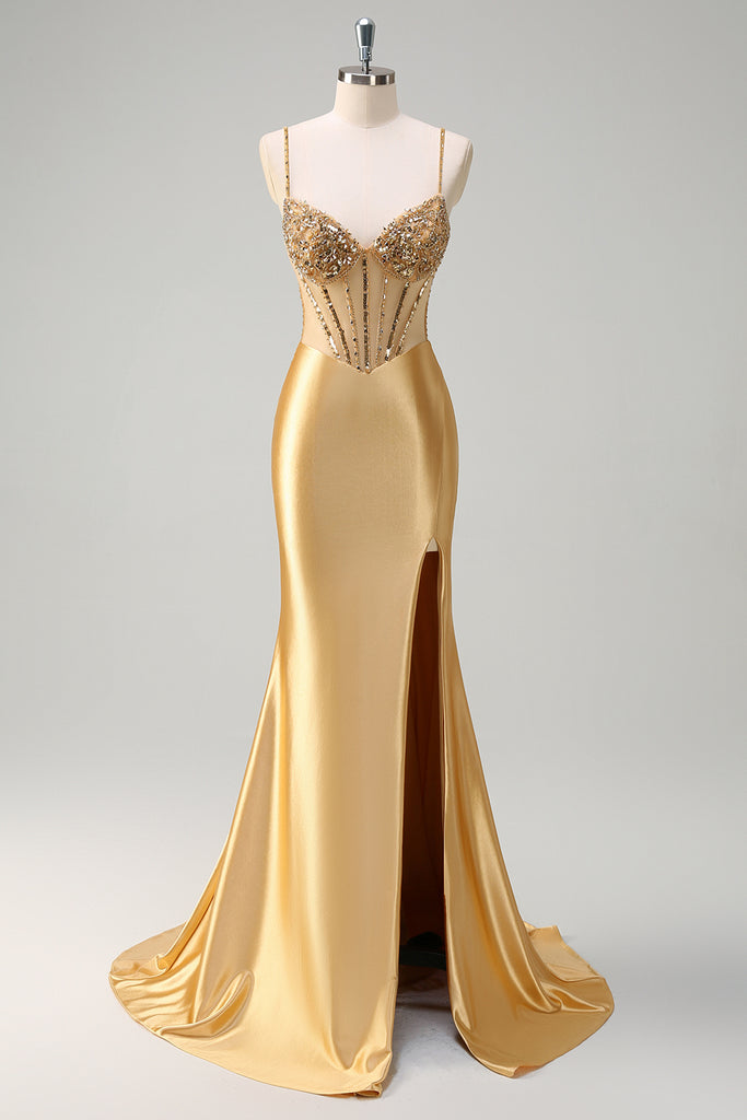 Sparkly Golden A-Line Spaghetti Straps Cut Out Ruched Metallic Long Prom Dress